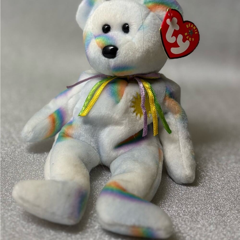 TY Beanie Baby “Cheery”White Plush Bear w/ Rainbow Accents (Hang Tag Attached!)